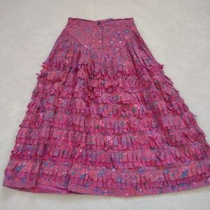 Artist Paula Sweet Muslin Mink cotton tiered fringe painted flowers magenta pink